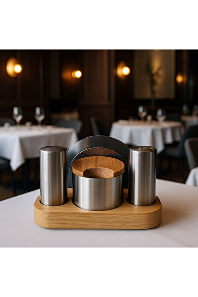 Veliday 4 Bölmeli Ahşap Peçetelik Kürdanlık Tuzluk Baharatlık Seti Lokanta Re...