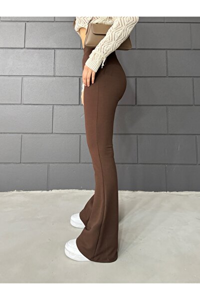 Genel Markalar Kadın Esnek Likralı Yüksek Bel Iç Göstermez Krep Toparlayıcı Kahverengi Ispanyol Paça Tayt Pantolon