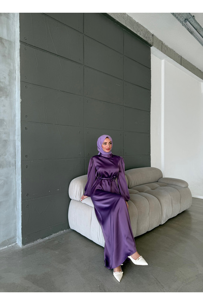hacer ayaydın Balloon Sleeve Satin Hijab Oversize Piping Belted Hijab Dress