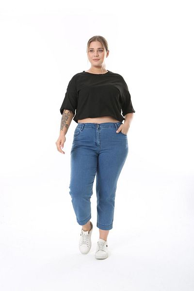 xlargebutik Plus Size Clothing High Waist Lycra Jeans with Elastic on the Sides Light Blue