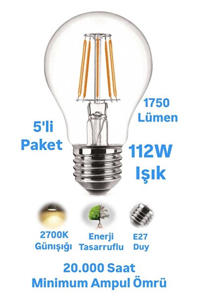 repplam 5 Adet 15W Rustik Led Ampul Günışığı 1750 Lümen E27 Duylu Dekoratif A...