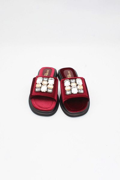ENDİCAN 097 03 Women's Stone Slippers Bordo Velvet