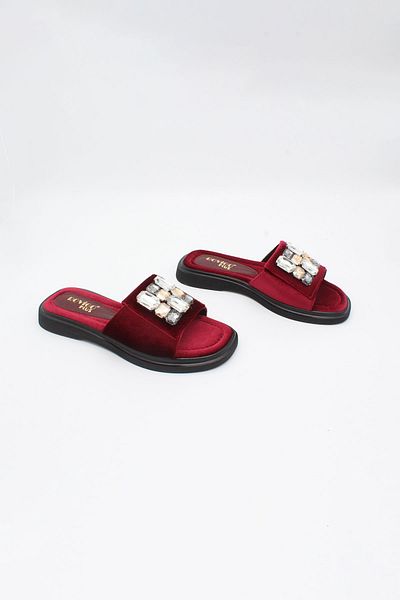 ENDİCAN 097 03 Women's Stone Slippers Bordo Velvet