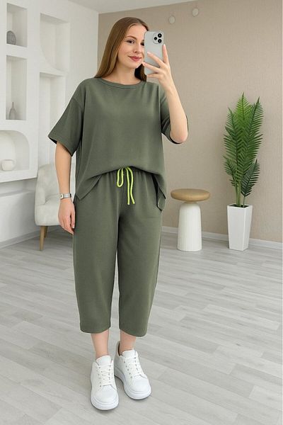Modayakamoz New Season Women's Short Sleeve Crew Neck Viscose Two Thread Blouse and Pants Two-Piece Set