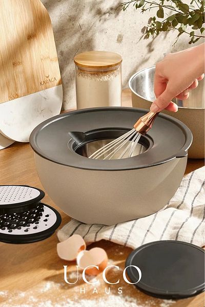 UCCO Preparation and Storage Bowl with Grater - 24 cm - 4 Pieces Unbreakable Plastic, Steel Grater Bowl Set with Lid