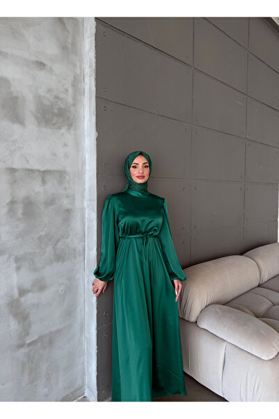 Aranlı tekstil Balon Kol Saten Tesettür Oversize Biye Kuşaklı Tesettür Elbise