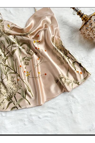 ARONA Saten Çiçekli Askılı Üst ve Uzun Pijama Alt Takımı