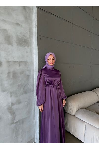 hacer ayaydın Μπαλόνι μανίκι Σατέν Hijab Oversize Piping ζωσμένο φόρεμα Hijab