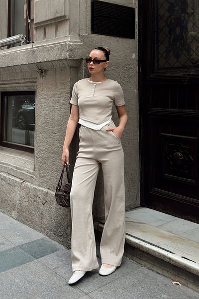 Siner Fashion Women's Beige Button Detail Blouse High Waist Pants Set