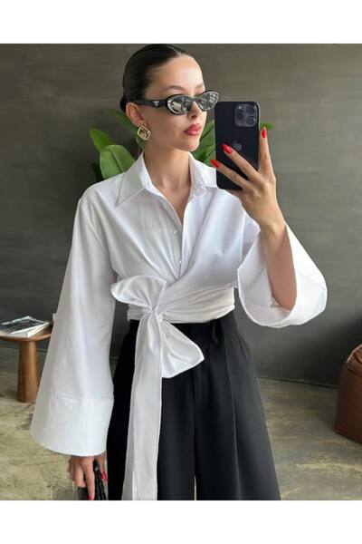 Ahzem Collection Crop Belden Bağlamalı Tasarım Gömlek