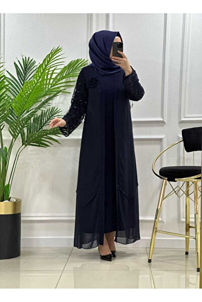 masalabiyem 7203 K 300 LACİVERT GÜL BROŞLU ŞİFON ABAYA TAKIM