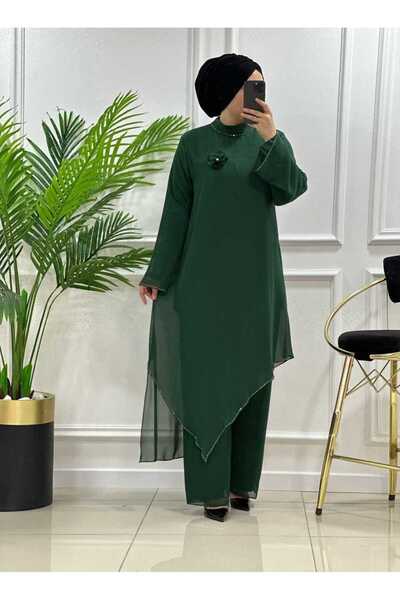 masalabiyem 7117 K150 ZÜMRÜT YEŞİLİ GÜL BROŞLU ŞİFON TAŞLI İKİLİ TAKIM