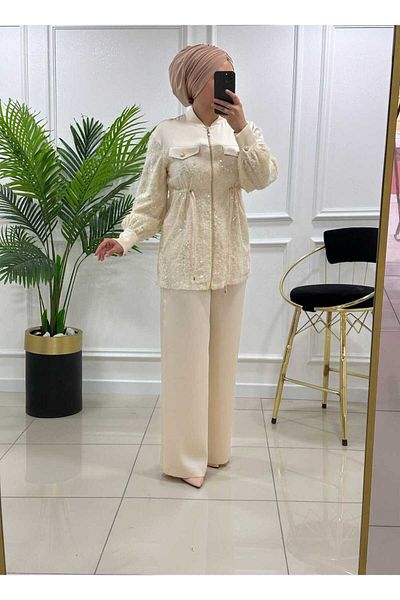 masalabiyem 0710 K 500 ECRU بدلة مطرزة بالترتر
