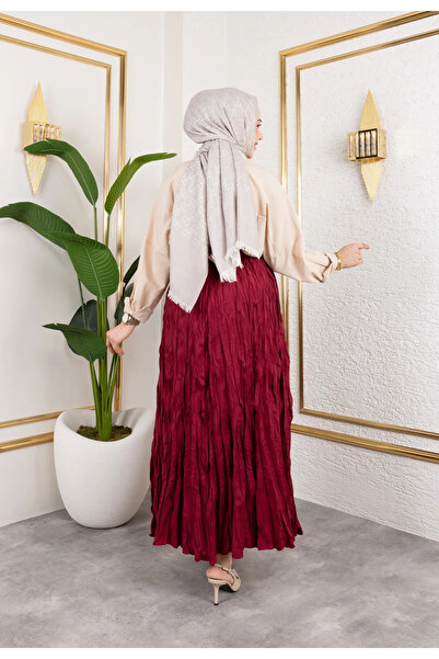 Cochines Women's Burgundy Pleated Wrinkled Shorts Fabric Elastic Waist Maxi Hijab Skirt