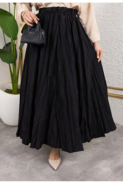 Cochines Women's Black Pleated Wrinkled Shorts Fabric Elastic Waist Maxi Hijab Skirt