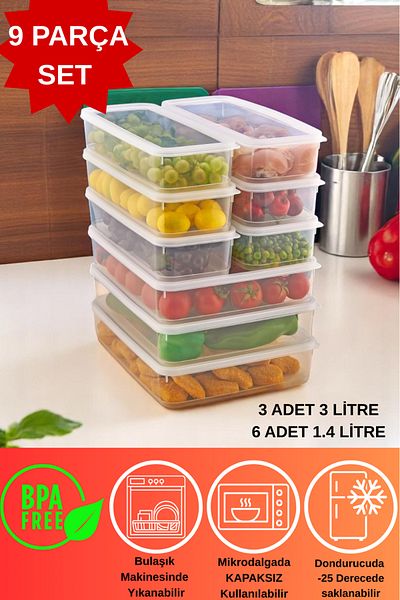 DOVİHOME 9 Piece Vacuum Sealed Storage Container Set 3Lt and 1400ml |   Transparent |   Refrigerator Organizer Set