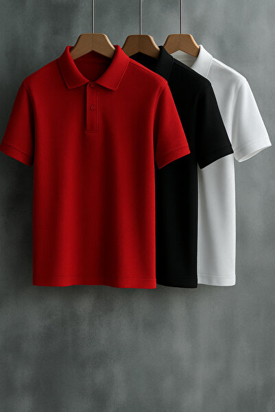 Buteks Συσκευασία 3 κόκκινων μαύρων λευκών αθλητικών μπλουζών πόλο με κουμπιά...
