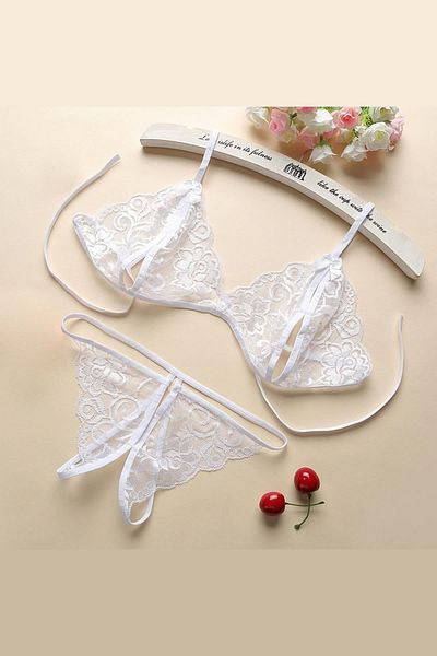 melonika Women's White Ruched Bra Panty Set