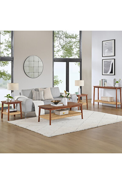 Generic Wood Living Room Tables Set Of 4 Classic-looking with Woven Shelf - Solid Acacia Wood Elegant Brown