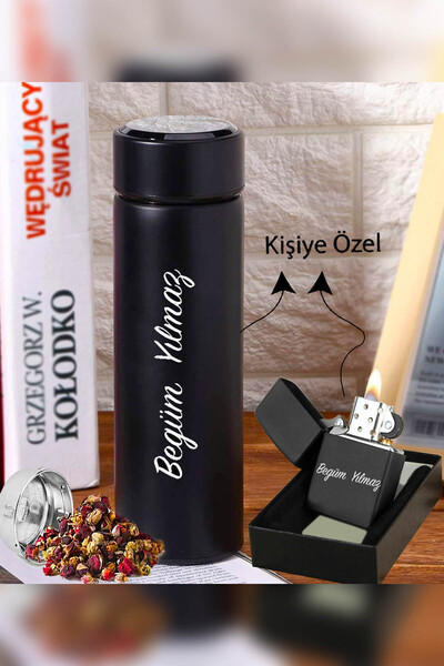 Genel Markalar Kişiye Özel İsimli Süzgeçli Mat Siyah Termos & İsme Özel Siyah Metal Çakmak