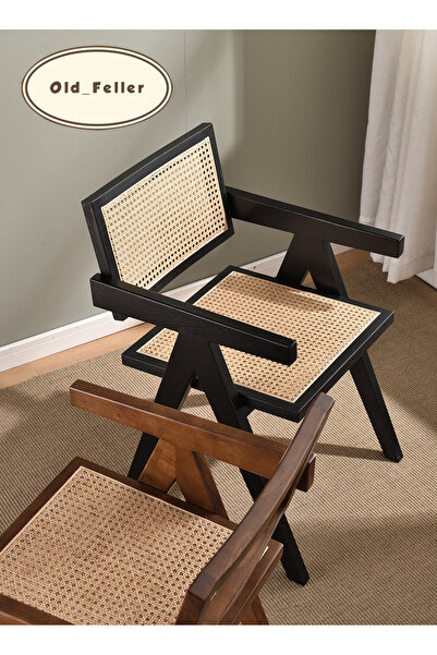 Old_Feller Vintage Dining Chair with Rattan Seat, Black for Dining, Living Room, Office, Cafe