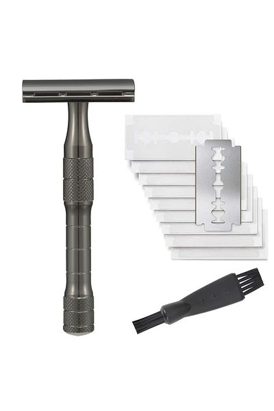 SamRoca Grey Reusable Safety Razor, Single Blade Razors For Men, With 10 Platinum Coated Double Edge Razor B