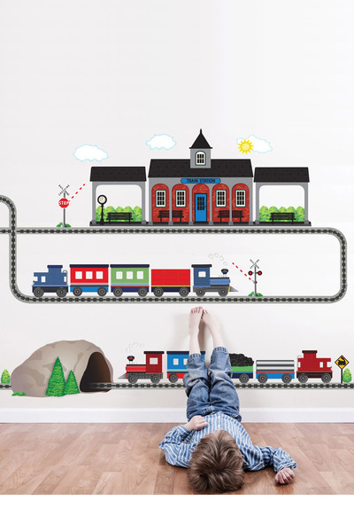 KT Decor Set de autocolante de perete pentru camera băieților cu stație de tren