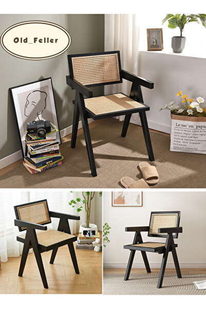 Old_Feller Vintage Dining Chair with Rattan Seat, Black for Dining, Living Room, Office, Cafe