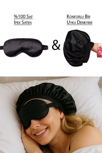Deko Dekor Μαύρα σατέν γυαλιά ύπνου Eye Patch Sleep Headband και Σετ σατέν καπέλο μαλλιών
