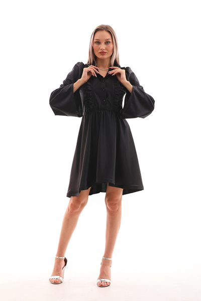 FARİKA Siyah Parlak Kumaş Asimetrik Kesim Geniş Kollu Diz Boyu Fırfırlı Saten Elbise