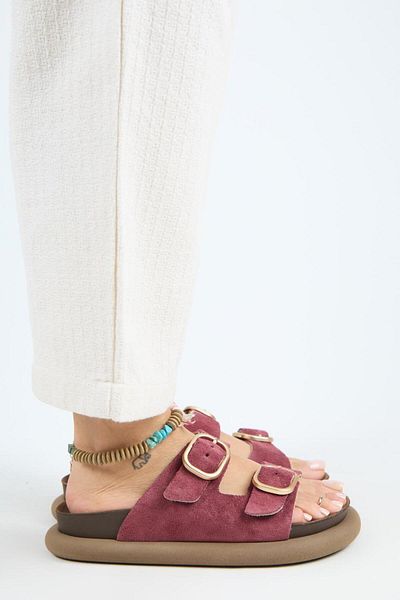 Manijero Lavanda Women's Genuine Leather Double Buckle Cherry Slippers