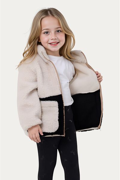 Montstop Girl's Plush Ecru Black Pocket Zippered Welsoft Winter Coat