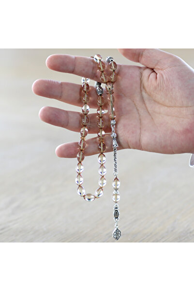 Tesbihane Kararmaz Metal Püsküllü Şeffaf Beyaz Ateş Kehribar Tesbih