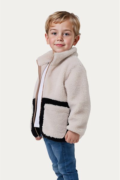 Montstop Boy's Plush Ecru Black Pocket Zippered Welsoft Winter Coat