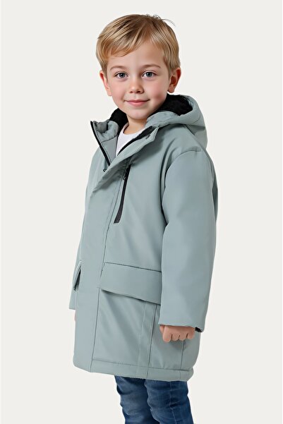 Montstop Erkek Çocuk Mint Yeşili İçi Kürklü Su ve Rüzgar Geçirmez Kapüşonlu 3 Cep Kışlık Mont & Kaban & Parka