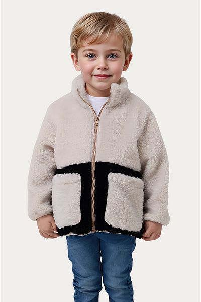 Montstop Boy's Plush Ecru Black Pocket Zippered Welsoft Winter Coat