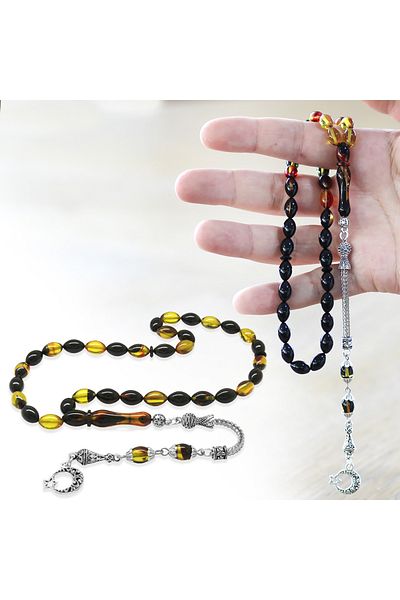 Tesbihane Ayyıldız Anti-Tarnish Metal Tasseled Barley Cut Bala-black Fire Amber Prayer Beads