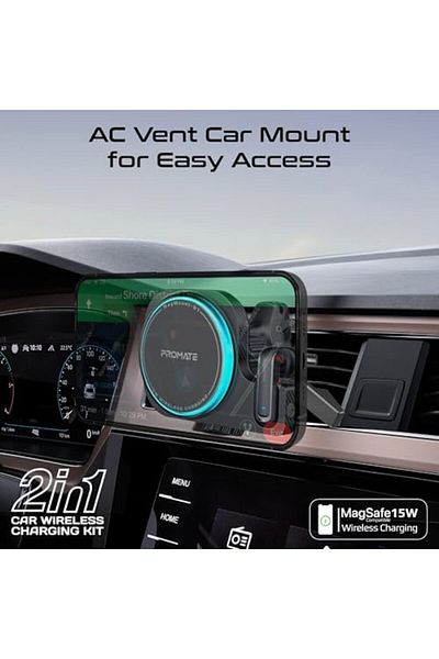 Promate 2-in-1 Car Holder and Charger with MagSafe Compatibility, 15W Power, Built-in Mono Bluetooth Earphon