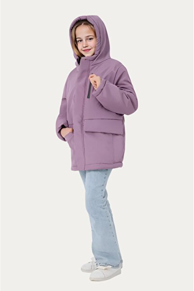 Montstop Kız Çocuk Lila İçi Kürklü Su ve Rüzgar Geçirmez Kapüşonlu 3 Cep Kışlık Mont & Kaban & Parka