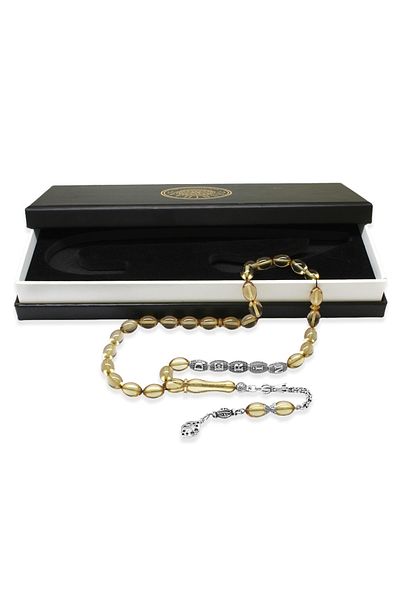 Tesbihane Transparent White Fire Amber Prayer Beads with Tarnish-Free Metal Tassels