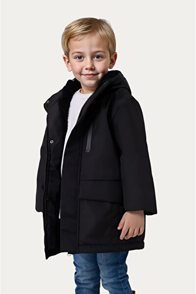 Montstop Palton negru de iarnă pentru băieți - impermeabil și rezistent la vânt, glugă, 3 buzunare