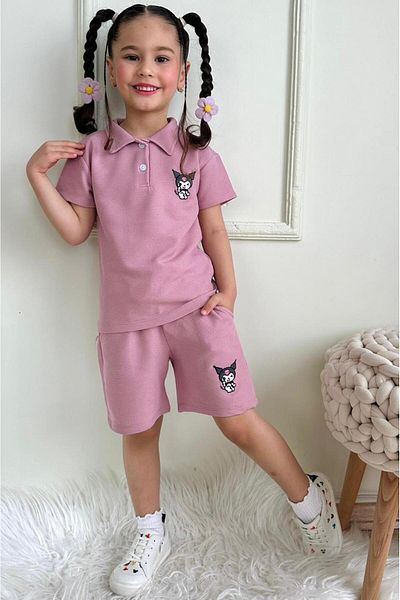 LİLLYPİCCA Polo Neck Cat Embroidered Girls' T-Shirt and Pocket Shorts 2-Piece