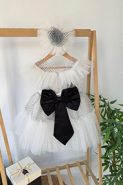 Minigimin Cicileri My Little One's Puff Dot Detailed Bow Girl's Evening Dress - White