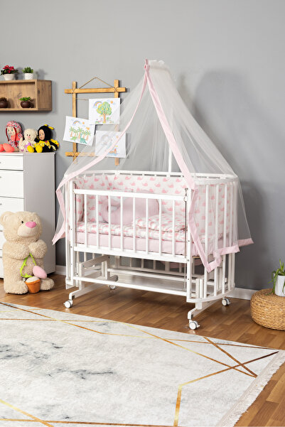 Carino Wins Ahşap Beşik Anne Yanı Yeni Doğan Papatya Beyaz Bebek Beşiği PEMBE...