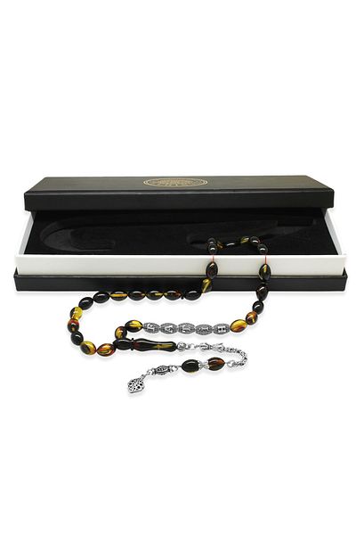 Tesbihane Anti-Tarnish Metal Tasseled Bala-Black Fire Amber Prayer Beads