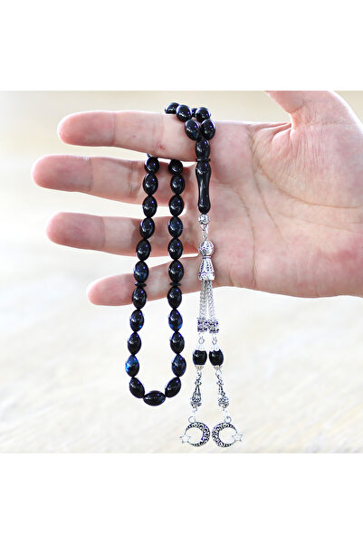 Tesbihane Μεταλλικός χάντρες προσευχής με φούντες αρπακτικού κοπής, μπλε-μαύρος, κορδέλα κεχριμπάρι, που δεν μαύρανε