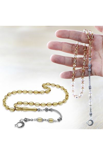 Tesbihane مسبحة صلاة من العنبر الأبيض الشفاف المقاوم للتشويه ومزينة بشرابة معدنية