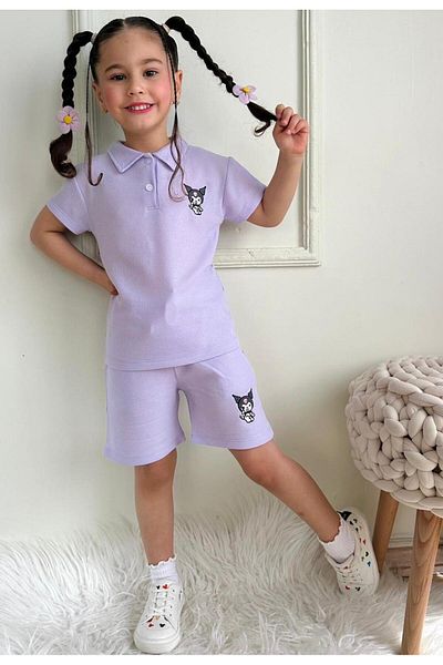 LİLLYPİCCA Polo Neck Cat Embroidered Girls' T-Shirt and Pocket Shorts 2-Piece