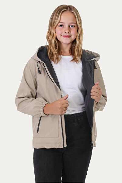 Montstop Girl's Stone Lined Water and Windproof Hooded Double Zipper Pocket Raincoat