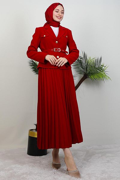 GİYZAMİLA Gold Detail Skirt Suit Dark Red
